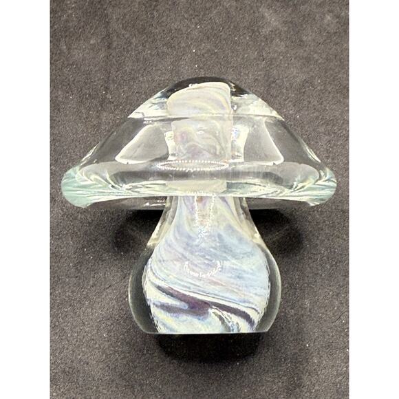 Adorable Mushroom Glass Paperweight Clear Glass W Beautiful Color Swirl Core - Picture 2 of 5